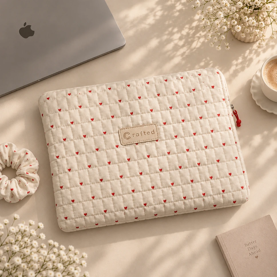 Cozy Heart-Print Laptop Sleeve Flat Lay